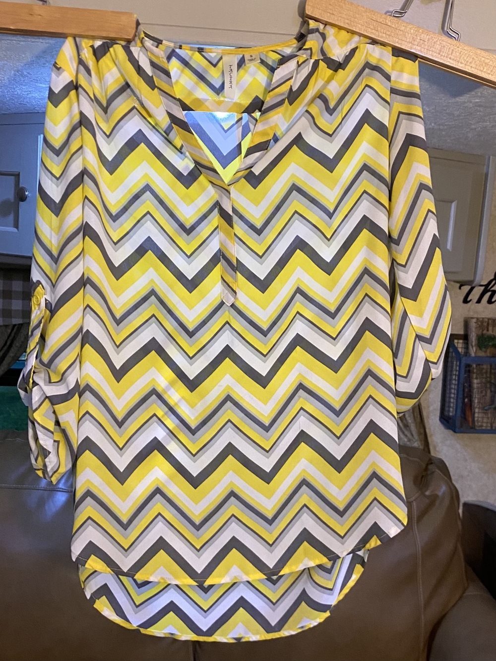 Womens Yellow Chevron V-Neck Blouse